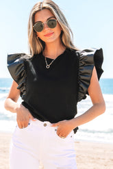 Black Leather Ruffle Sleeve Patchwork Round Neck Blouse
