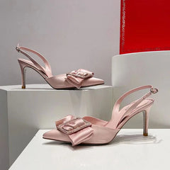 Summer Butterfly-knot High Heels Shoes Women Satin Crystal Women Pumps Pointed Toe Slingbacks Stiletto Sandals Woman