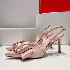 Summer Butterfly-knot High Heels Shoes Women Satin Crystal Women Pumps Pointed Toe Slingbacks Stiletto Sandals Woman