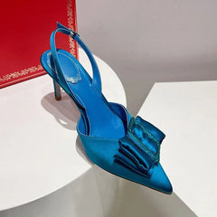 Summer Butterfly-knot High Heels Shoes Women Satin Crystal Women Pumps Pointed Toe Slingbacks Stiletto Sandals Woman