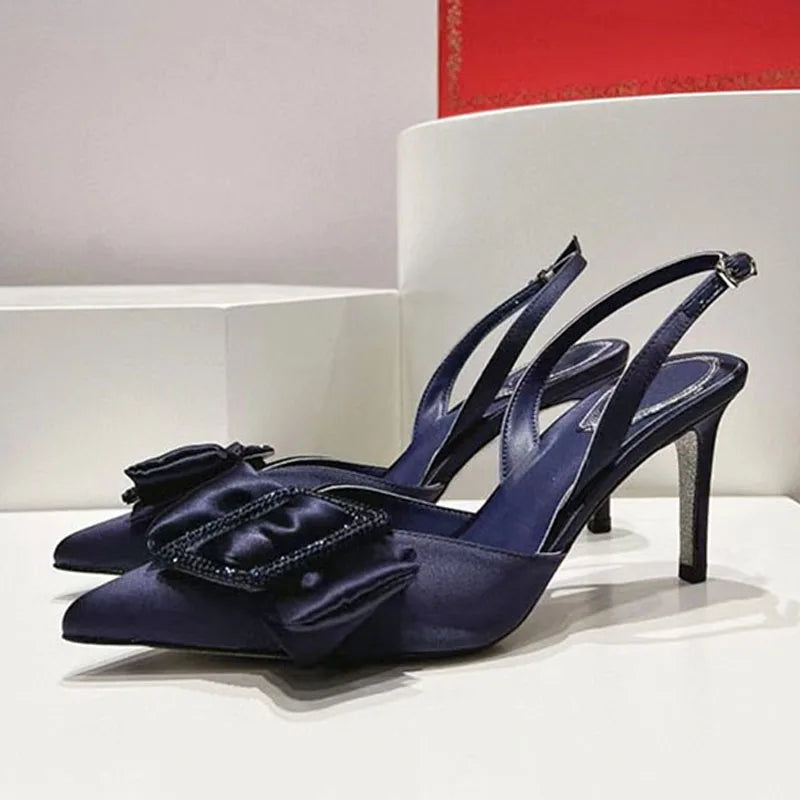 Summer Butterfly-knot High Heels Shoes Women Satin Crystal Women Pumps Pointed Toe Slingbacks Stiletto Sandals Woman