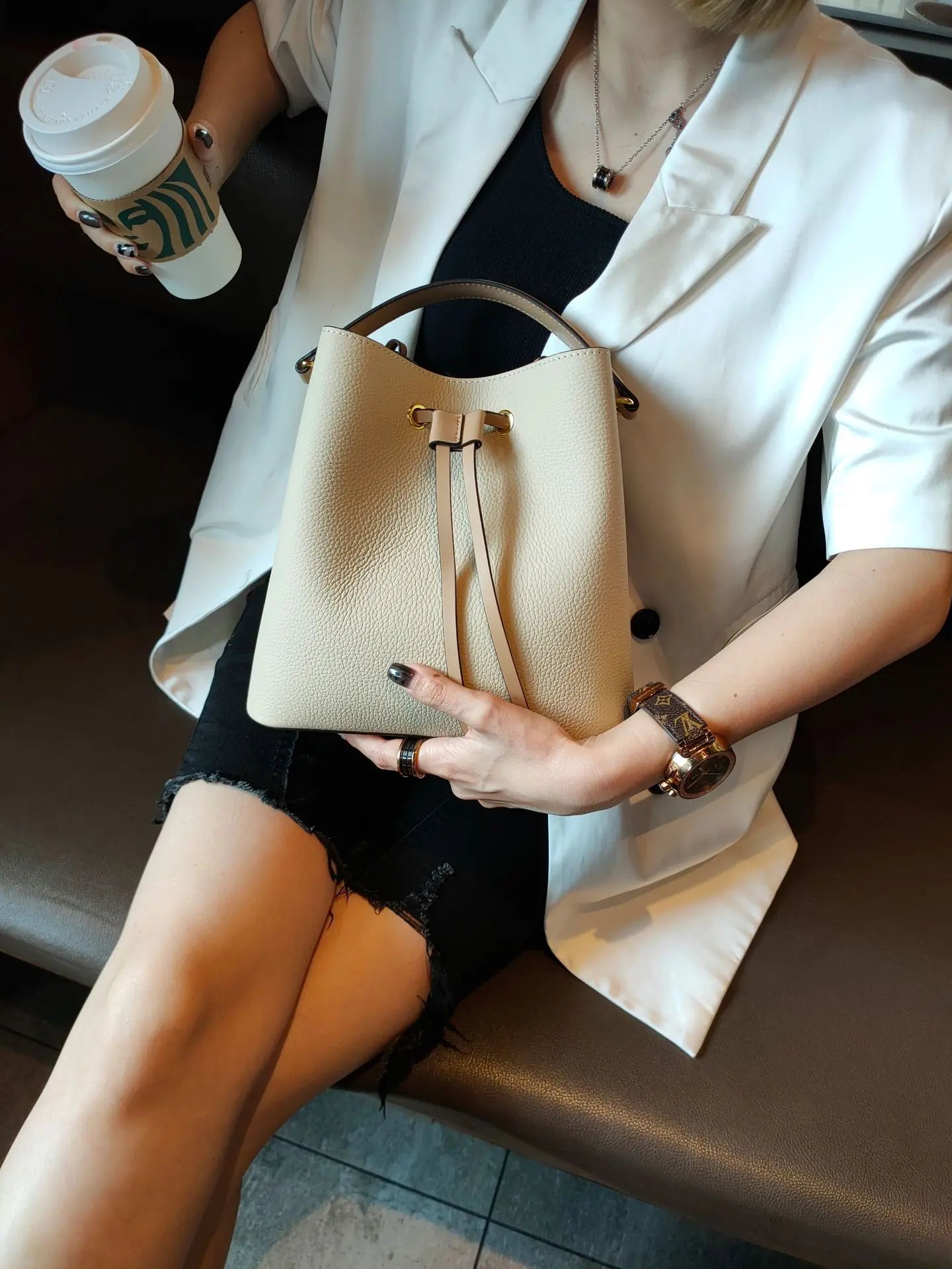 Genuine Leather Bag women new trendy retro simple large-capacity bucket bag fashion shoulder messenger bag Blue