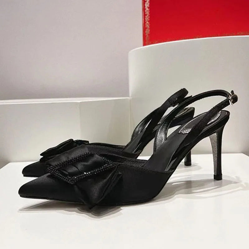 Summer Butterfly-knot High Heels Shoes Women Satin Crystal Women Pumps Pointed Toe Slingbacks Stiletto Sandals Woman