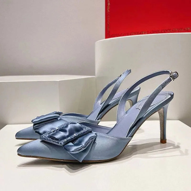 Summer Butterfly-knot High Heels Shoes Women Satin Crystal Women Pumps Pointed Toe Slingbacks Stiletto Sandals Woman