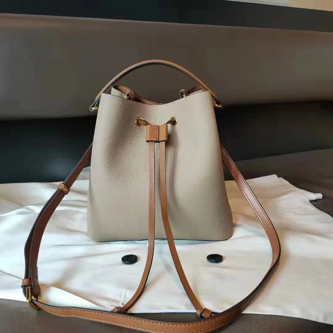 Genuine Leather Bag women new trendy retro simple large-capacity bucket bag fashion shoulder messenger bag Blue