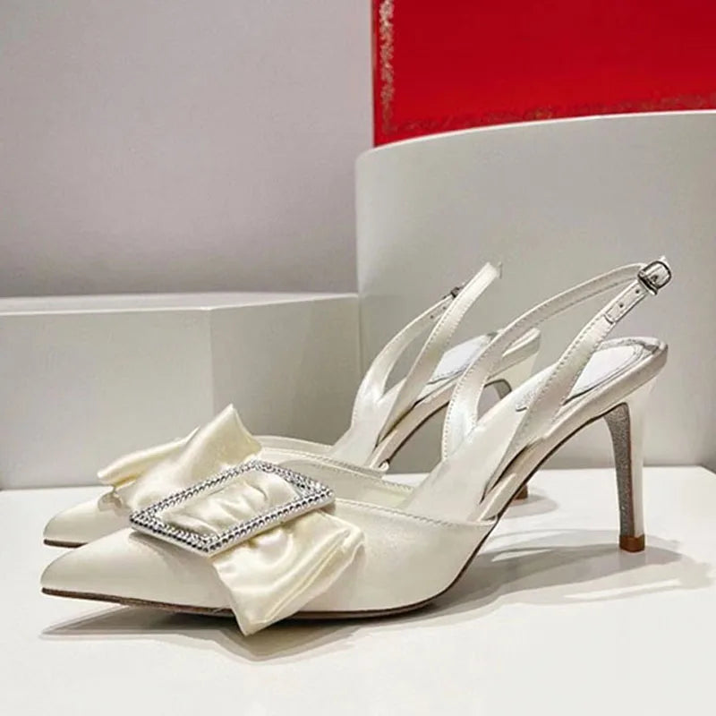 Summer Butterfly-knot High Heels Shoes Women Satin Crystal Women Pumps Pointed Toe Slingbacks Stiletto Sandals Woman