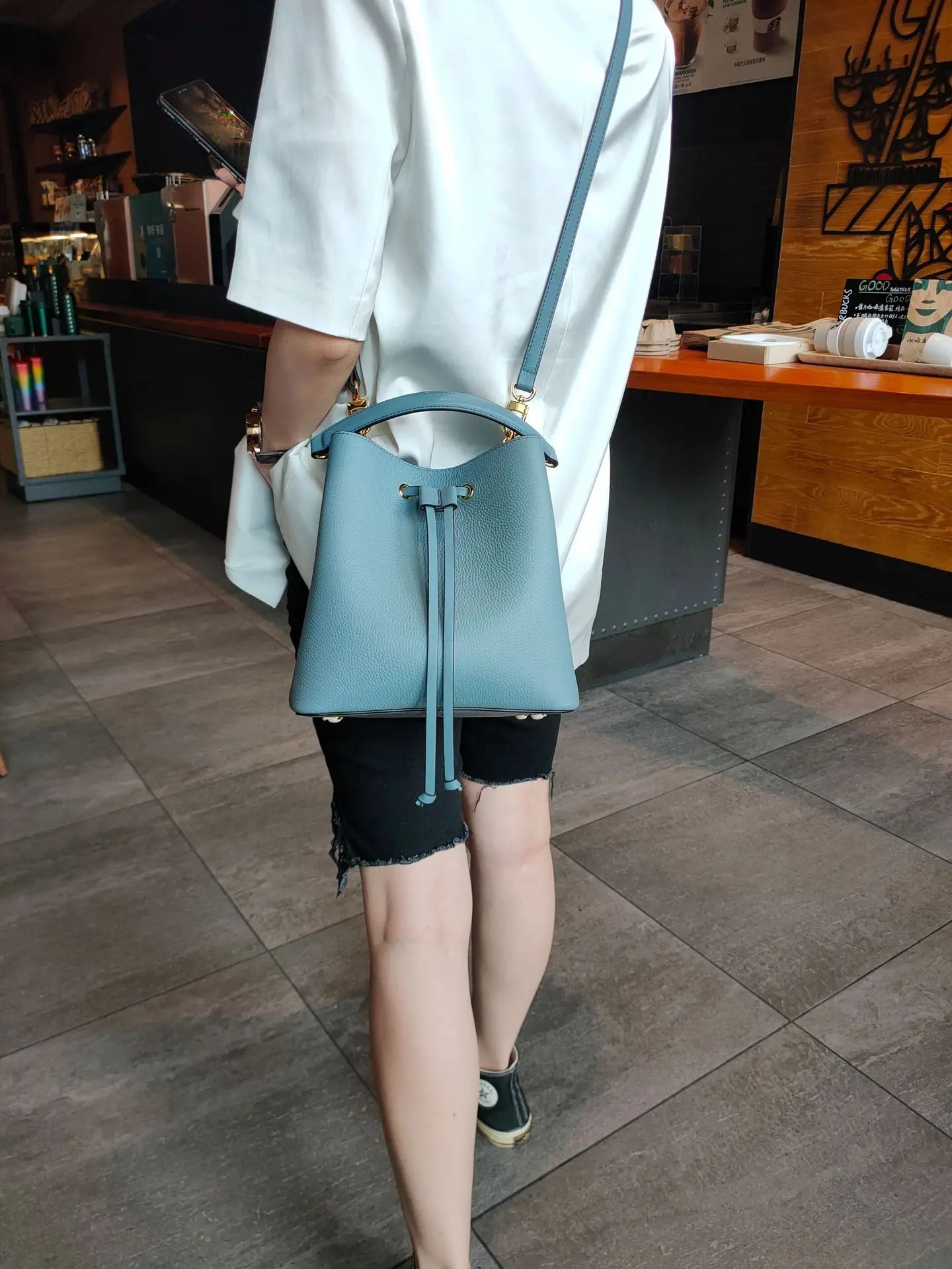 Genuine Leather Bag women new trendy retro simple large-capacity bucket bag fashion shoulder messenger bag Blue