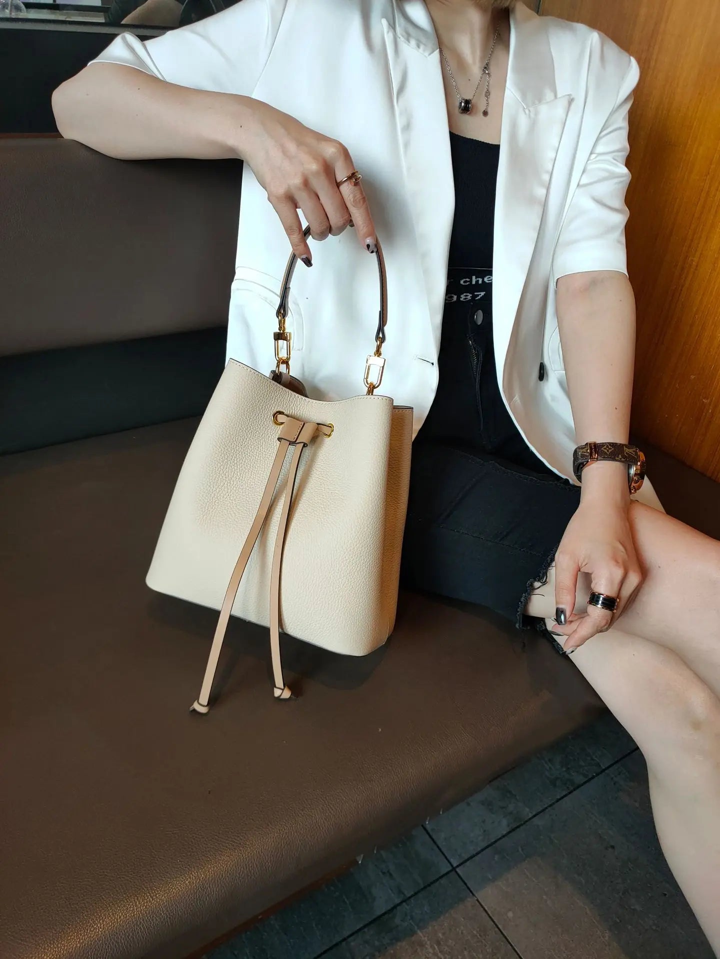 Genuine Leather Bag women new trendy retro simple large-capacity bucket bag fashion shoulder messenger bag Blue