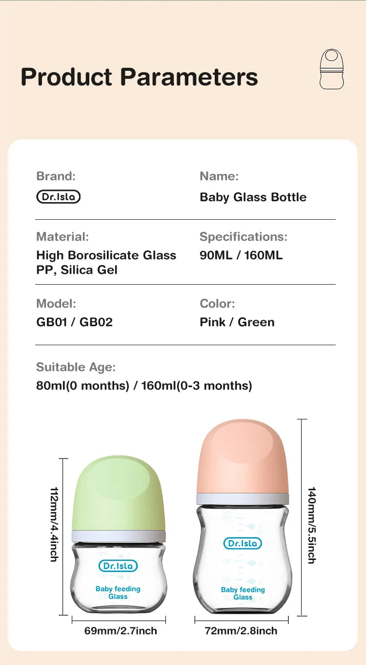 Dr.isla Anti-Choke Baby Bottle Newborn Glass Bottles 90/160ML Anti-flatulence Milk Feeding Bottles Infant BPA Free 0-3 Month