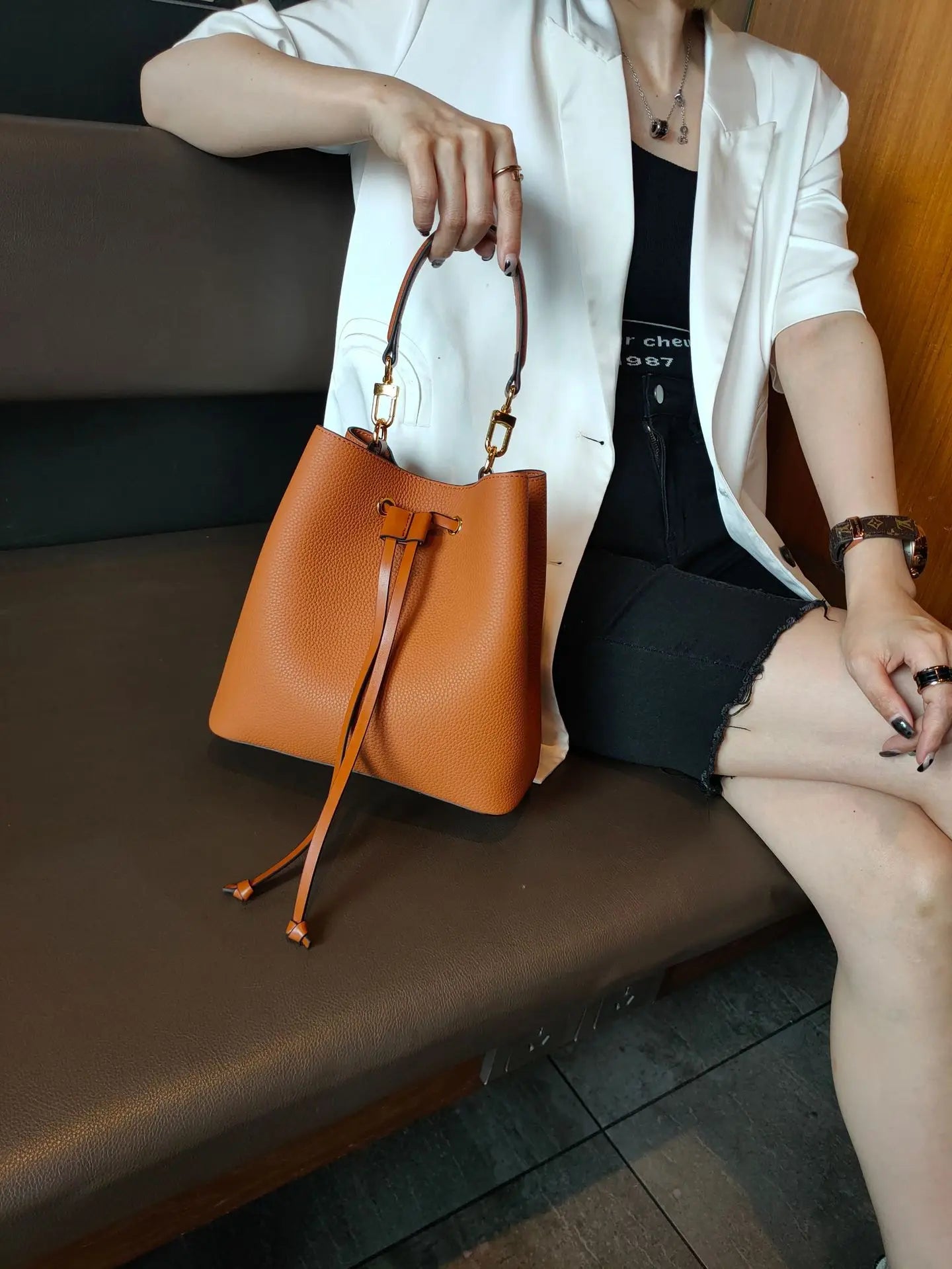 Genuine Leather Bag women new trendy retro simple large-capacity bucket bag fashion shoulder messenger bag Blue