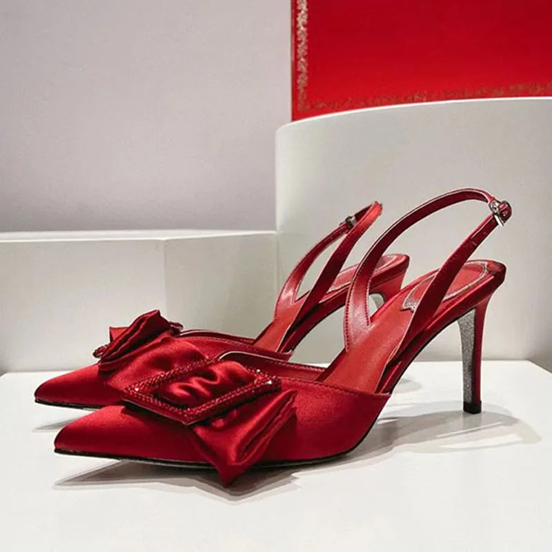Summer Butterfly-knot High Heels Shoes Women Satin Crystal Women Pumps Pointed Toe Slingbacks Stiletto Sandals Woman
