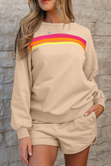 Apricot Striped Accent Pullover and Shorts Two Piece Casual Set